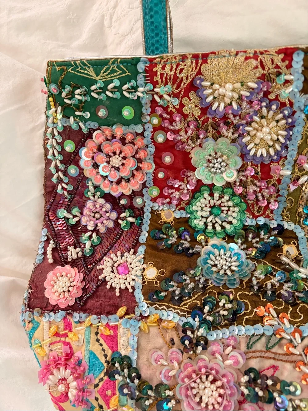 Vintage Embroidered Floral Patchwork Tote in Turquoise and Multicolor